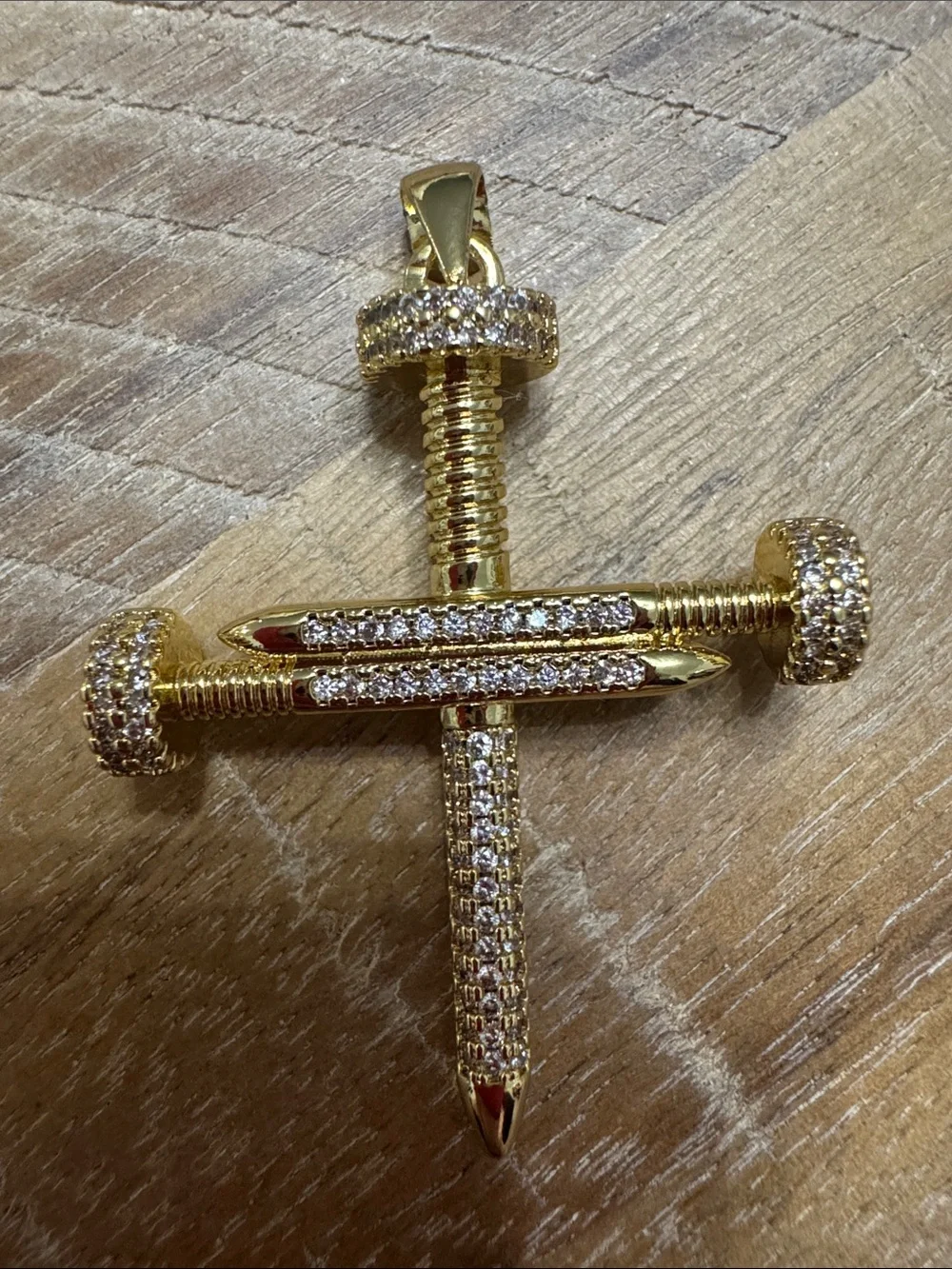 Men’s Gold Nail Cross Pendant - gold plated with CZ stones